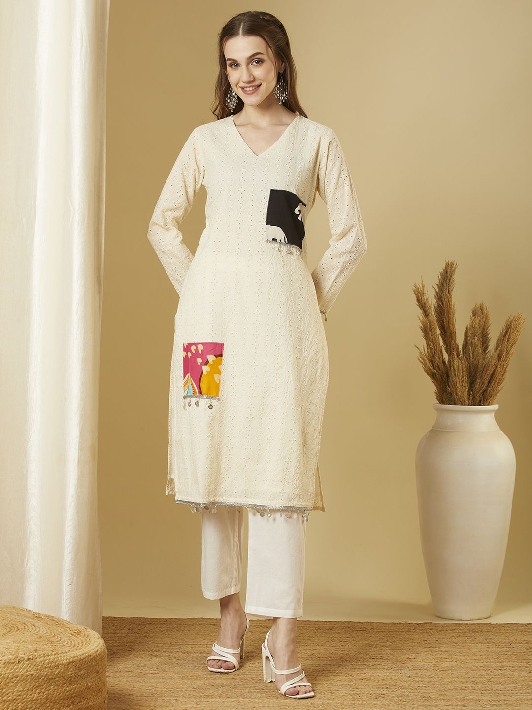 

FASHOR Schiffli Embroidered V-Neck Pure Cotton Straight Kurta With Trouser, Off white