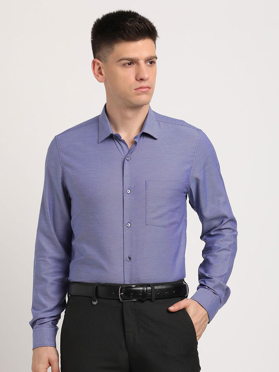 

Turtle Men Standard Slim Fit Spread Collar Textured Cotton Formal Shirt, Blue