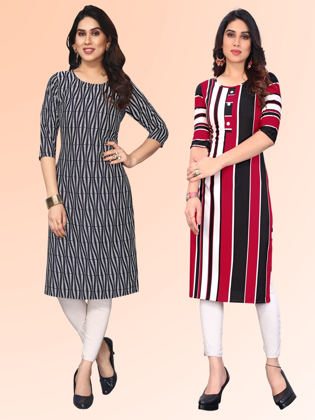 

KETAKI FASHION Selection Of 2 Striped Printed Round Neck Kurtas, Black