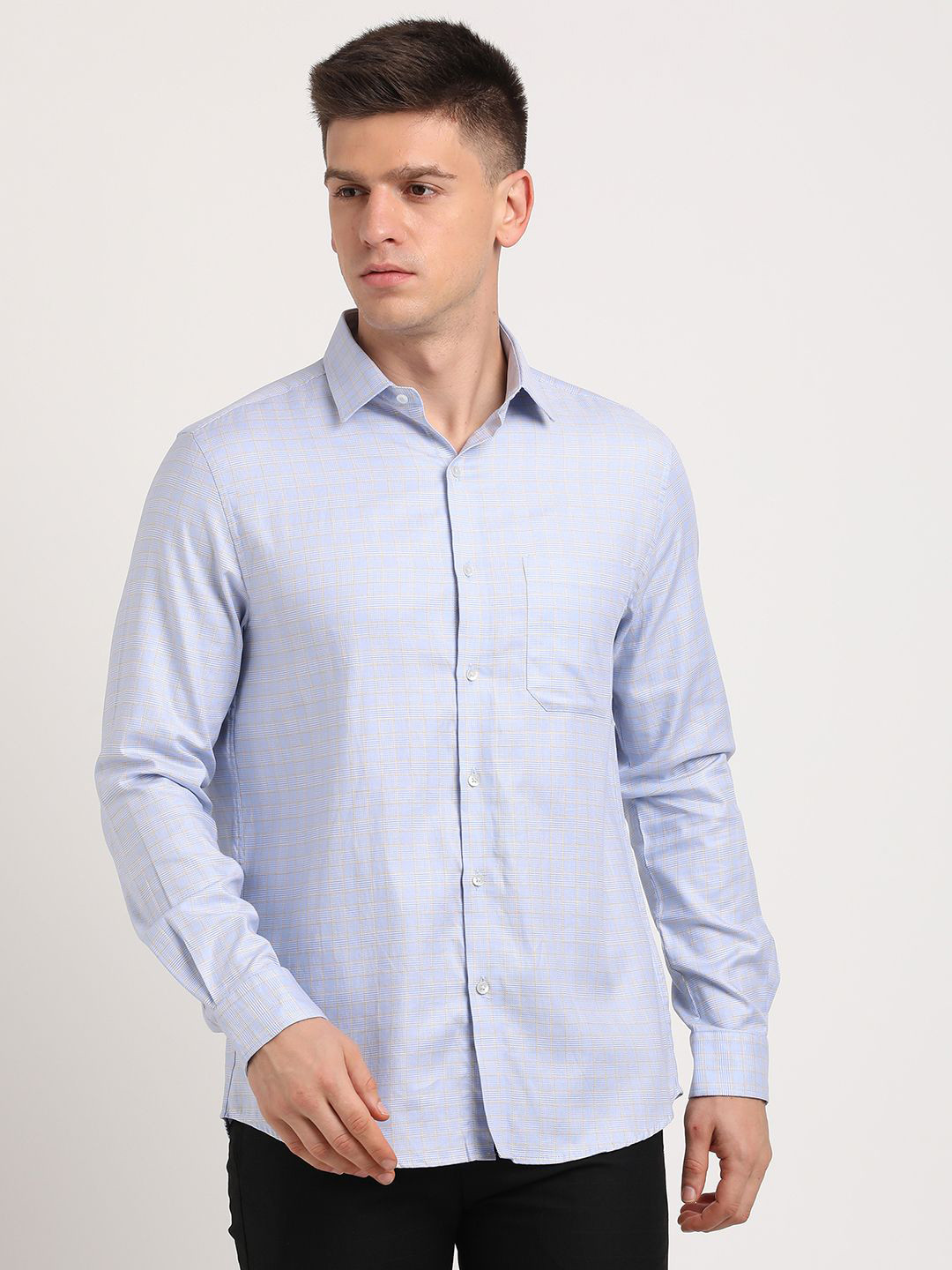 

Turtle Men Standard Fit Spread Collar Tartan Checked Cotton Casual Shirt, Blue