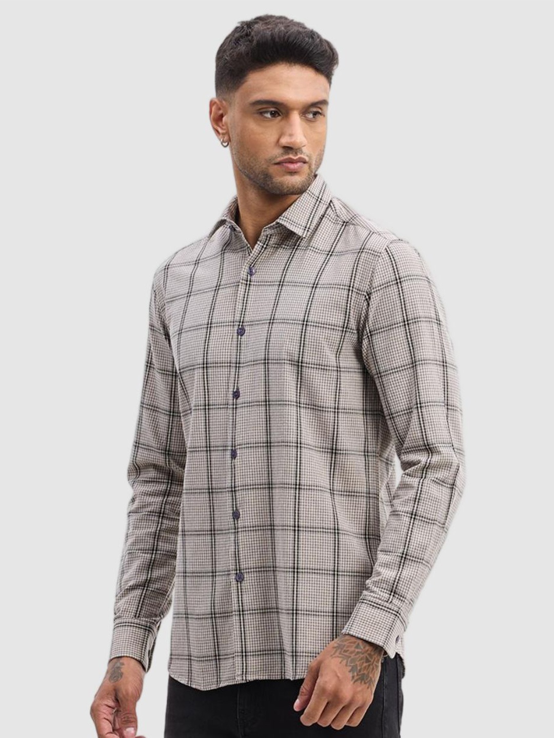 

Snitch Men Smart Fit Spread Collar Windowpane Checked Cotton Casual Shirt, Beige