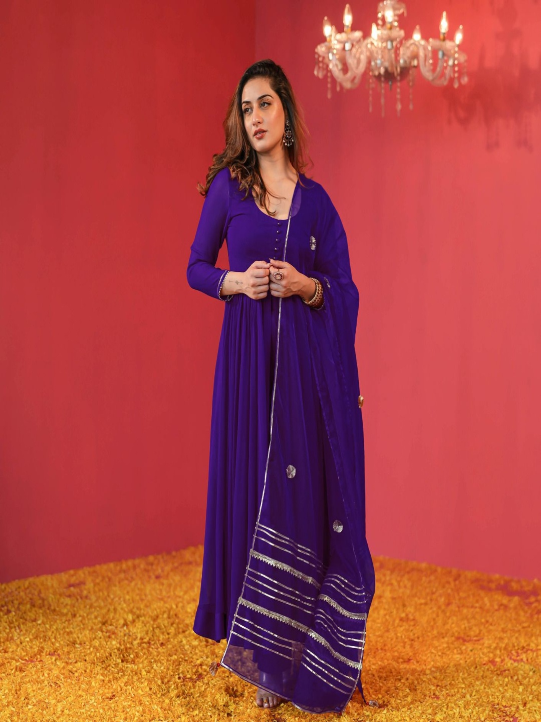 

GoSriKi Anarkali Scoop Neck Kurta With Trousers And Dupatta, Purple