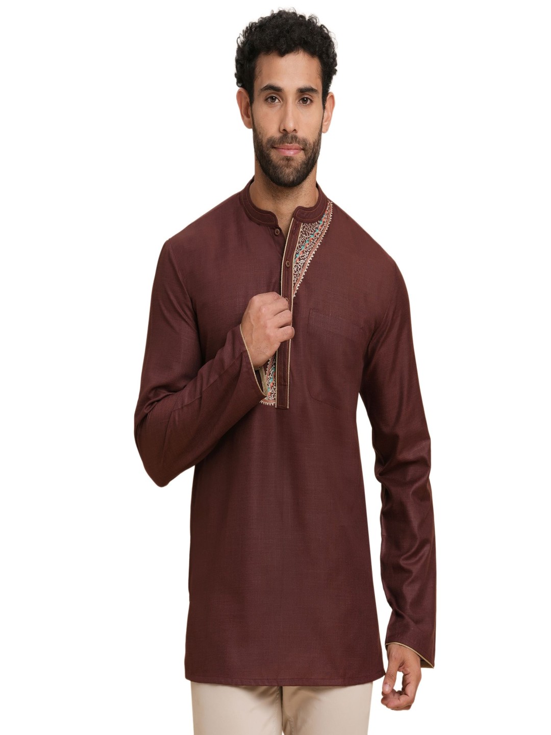 

ARCHATTIRE Embroidered Mandarin Collar Cotton Straight Short Kurta, Brown