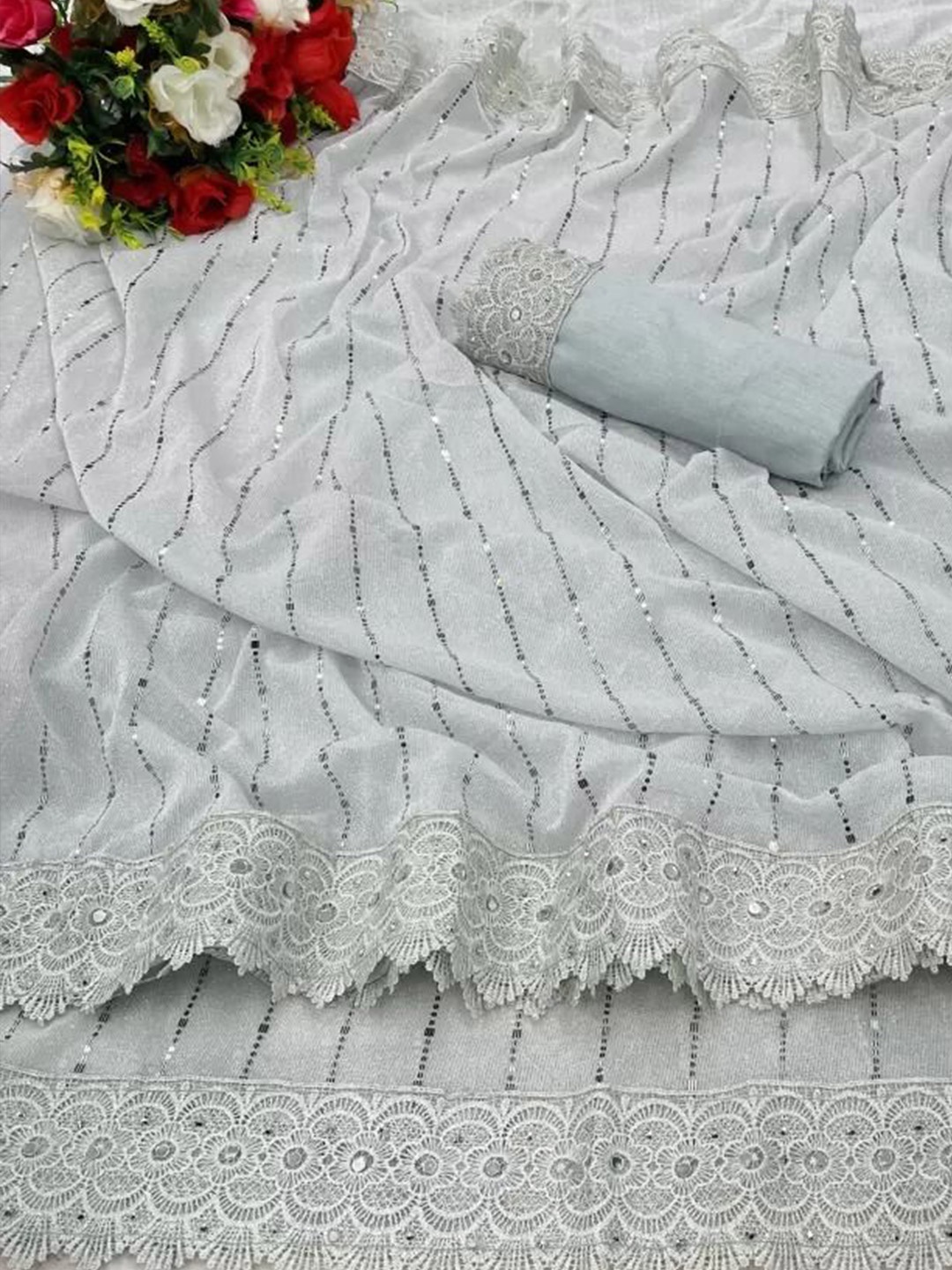 

SAADHVI Embellished Beads and Stones Art Silk Fusion Saree, White