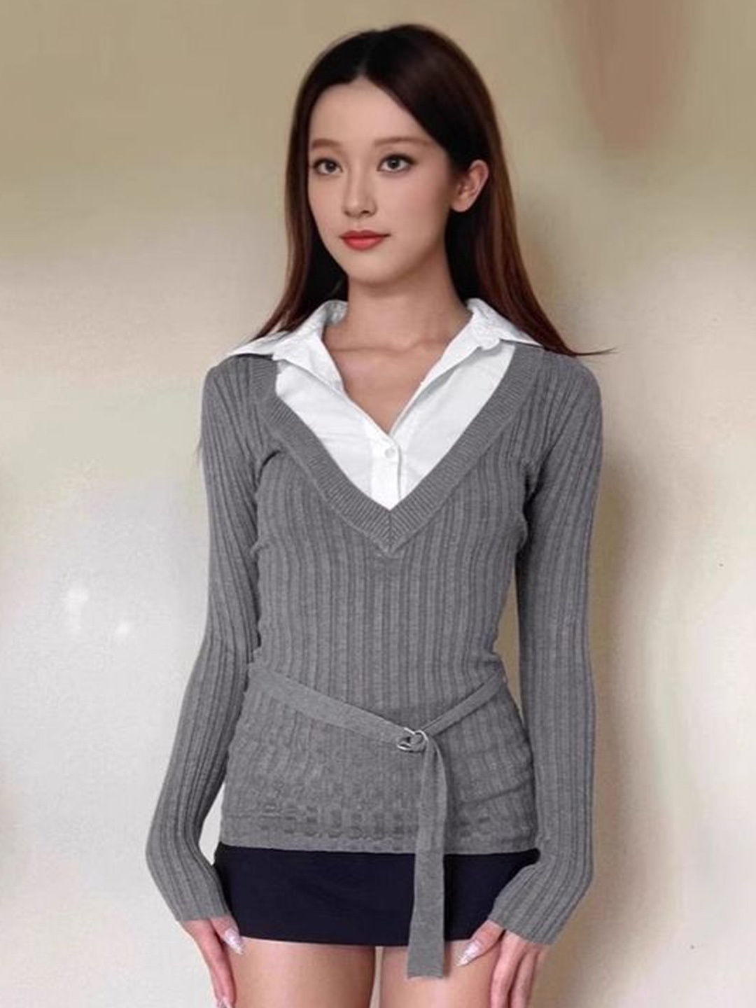 

LULU & SKY Women Long Sleeves Striped Top, Grey