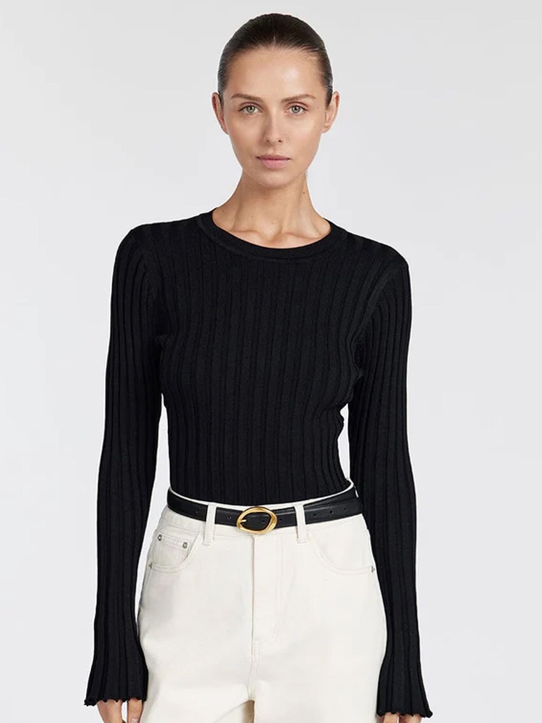 

LULU & SKY Women Round Neck Pure Cotton Fitted Top, Black