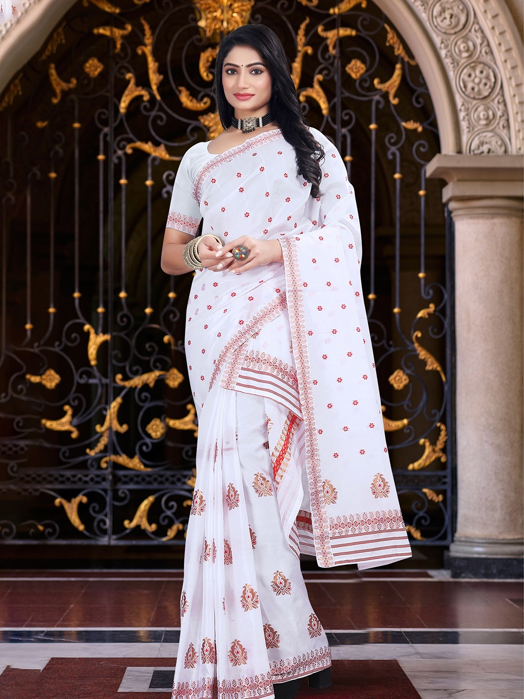 

KAMDAR White Poly Pat Silk Blend Assamese Mekhela Sador