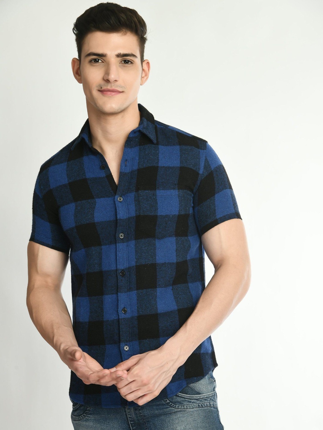 

elioop Men New Slim Fit Spread Collar Gingham Checked Cotton Casual Shirt, Blue