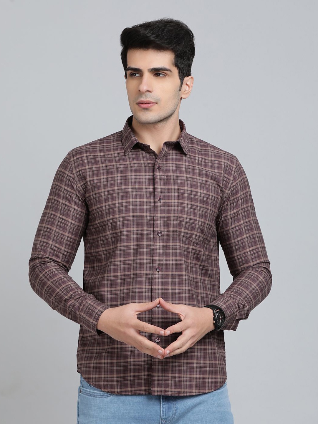 

Greenfibre Men Spread Collar Tartan Checked Slim Fit Cotton Casual Shirt, Brown