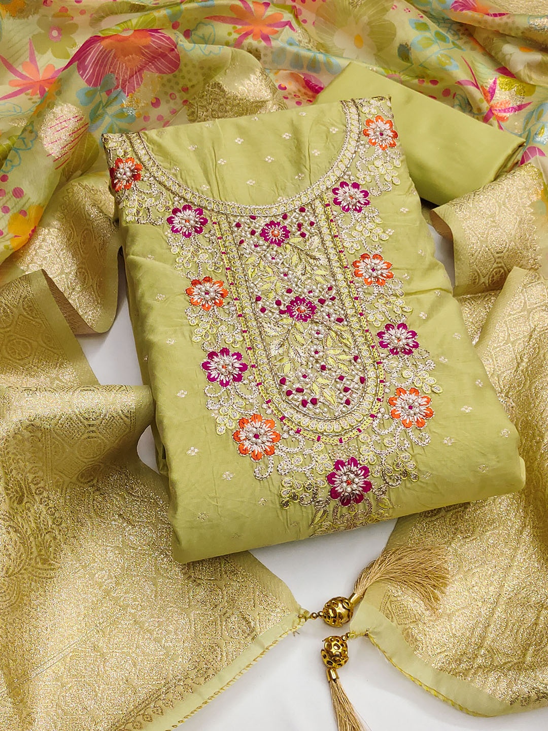 

MANVAA Floral Embroidered Zari Unstitched Dress Material, Lime green