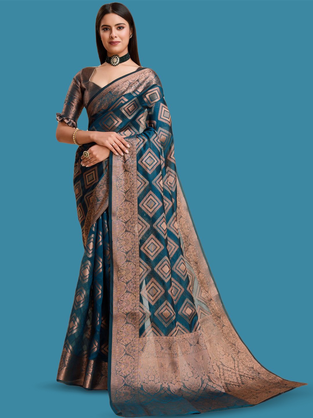 

yourwish Woven Design Zari Organza Banarasi Saree, Teal