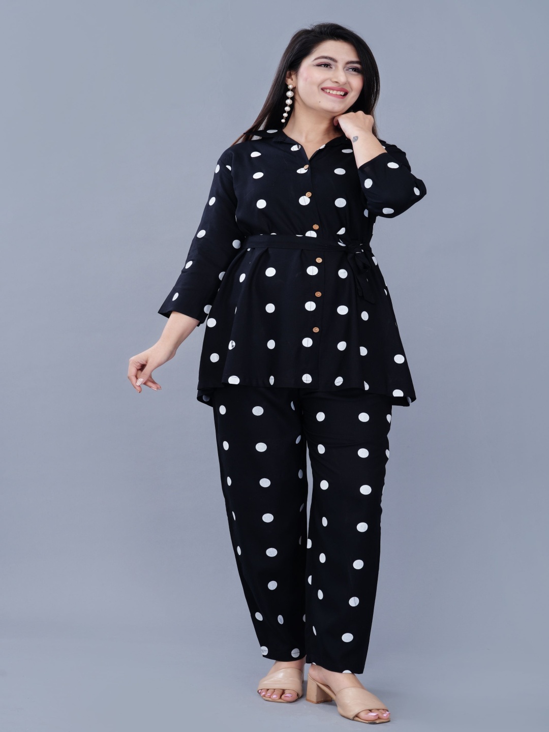 

ao services Polka Dot Printed Cotton Tunic With Palazzo, Black