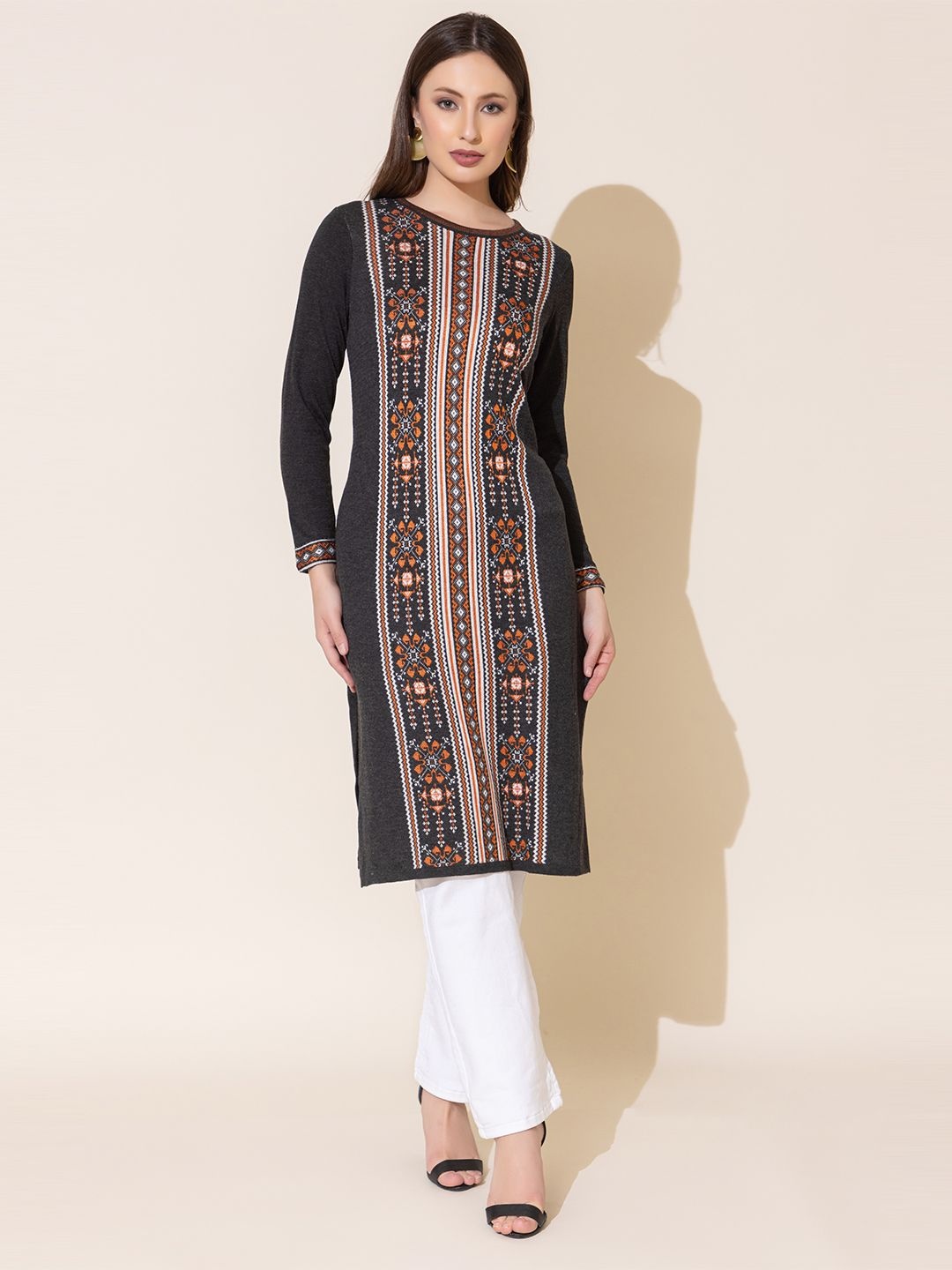 

KEIKO Geometric Woven Design Round Neck Jacquard Weave Acrylic Straight Kurtas, Charcoal