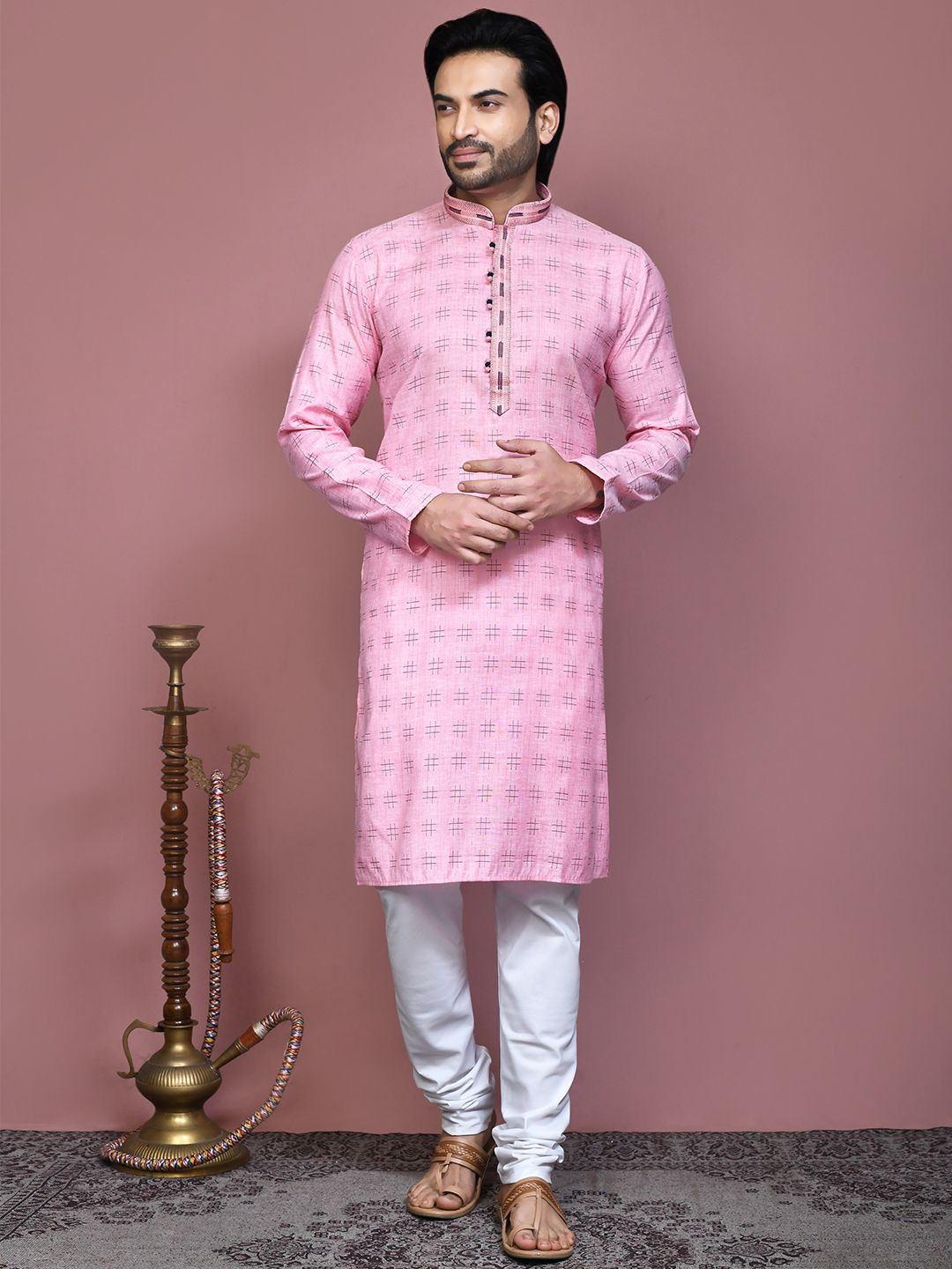 

RANAK Geometrical Printed Cotton Mandarin Collar Straight Kurta, Pink