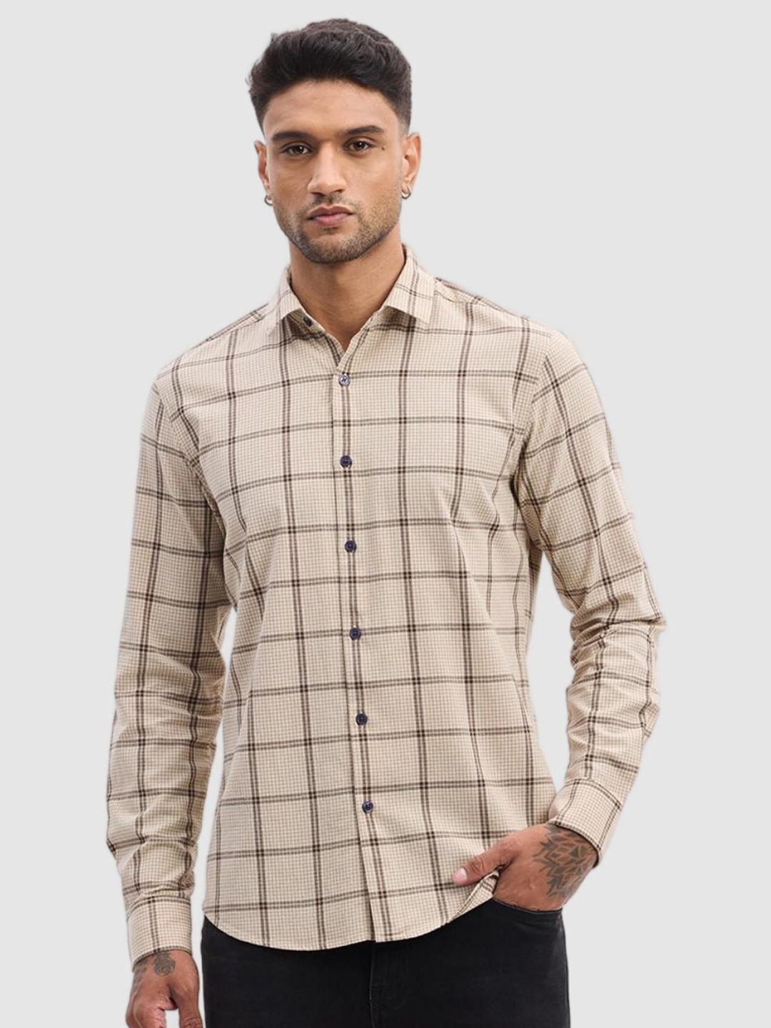 

Snitch Men Smart Fit Spread Collar Windowpane Checked Cotton Casual Shirt, Beige