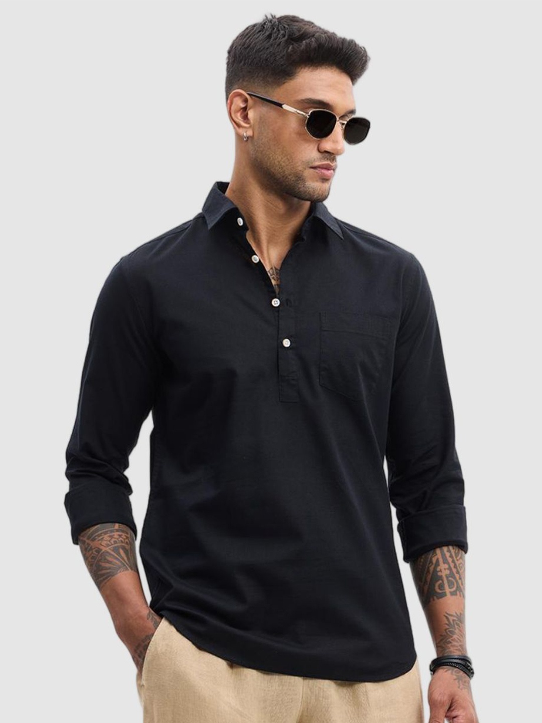 

Snitch Men Smart Fit Spread Collar Solid Cotton Casual Shirt, Black