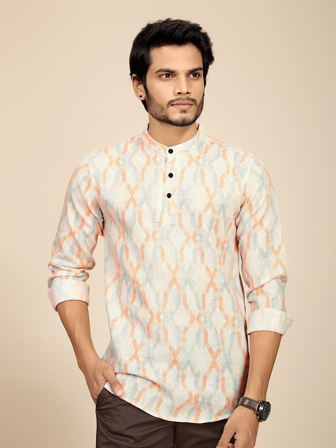 

JOSE N POSE Men Premium Tailored Fit Band Collar Abstract Printed Casual Shirt, Off white