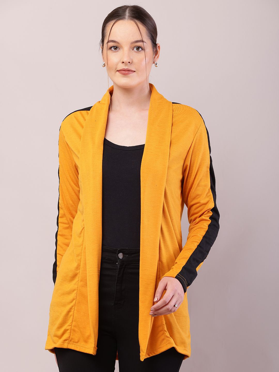 

RiseMax Colourblocked Longline Lapel Shrug, Mustard