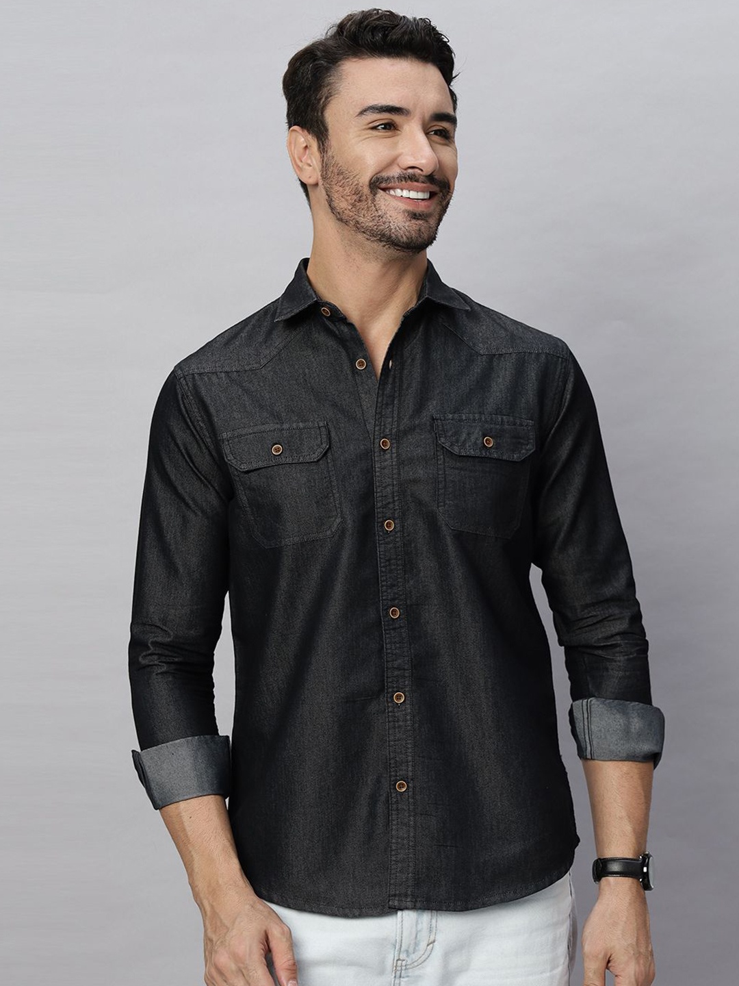 

HJ HASASI Men Relaxed Fit Spread Collar Solid Denim Casual Shirt, Black