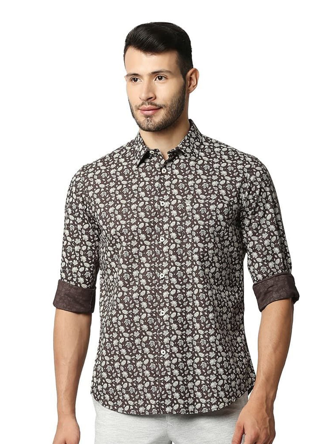 

Basics Men Slim Fit Spread Collar Floral Printed Cotton Casual Shirt, Brown