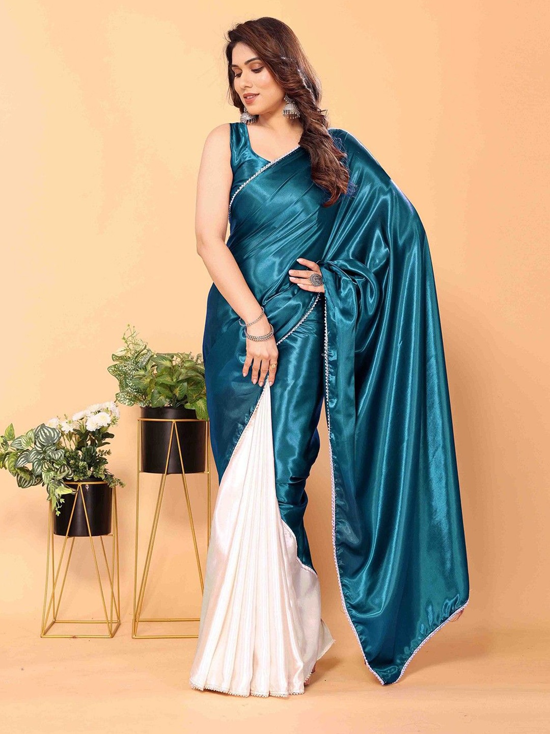 

Aika Colourblocked Satin Half and Half Saree, Teal