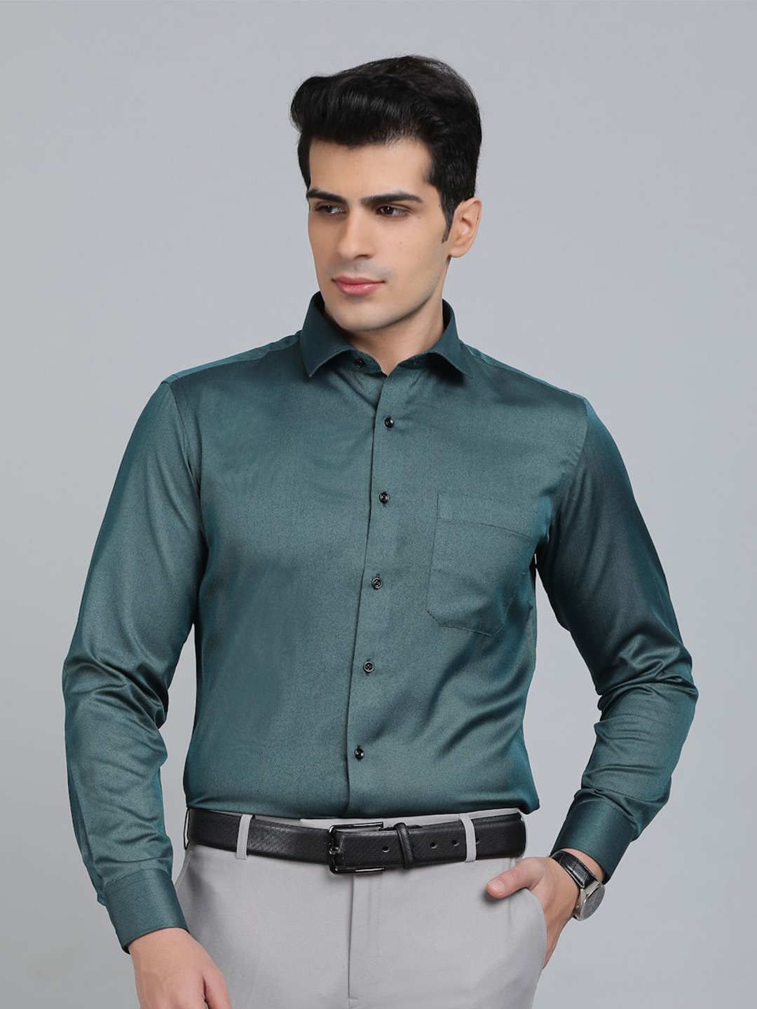 

Greenfibre Men Slim Fit Spread Collar Textured Cotton Formal Shirt, Green