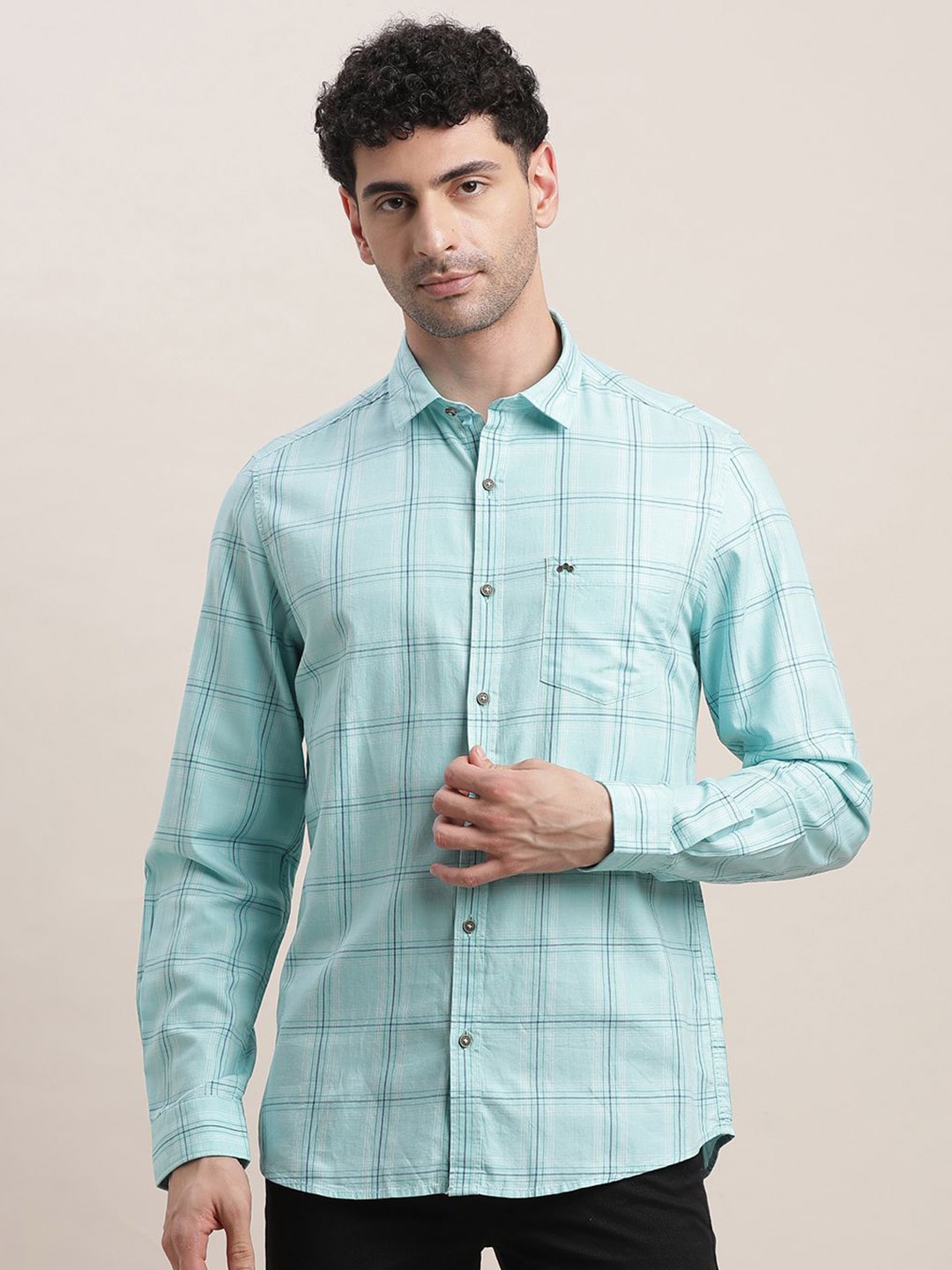 

Turtle Men Relaxed Fit Spread Collar Windowpane Checked Cotton Casual Shirt, Sea green