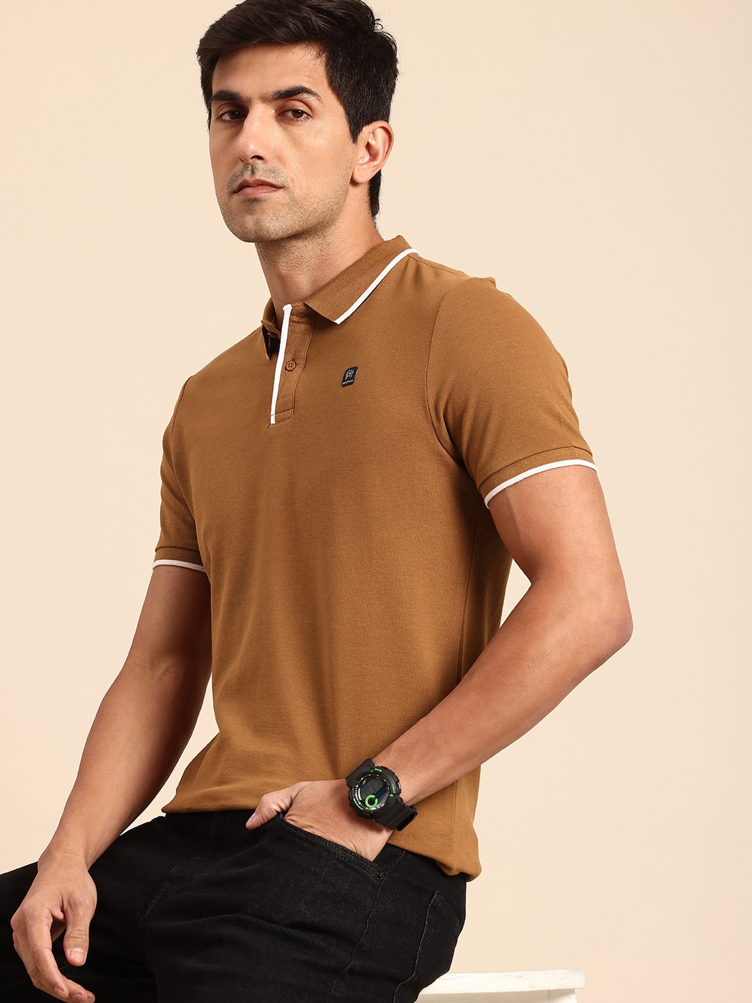 

Being Human Pure Cotton Polo Collar T-shirt, Brown
