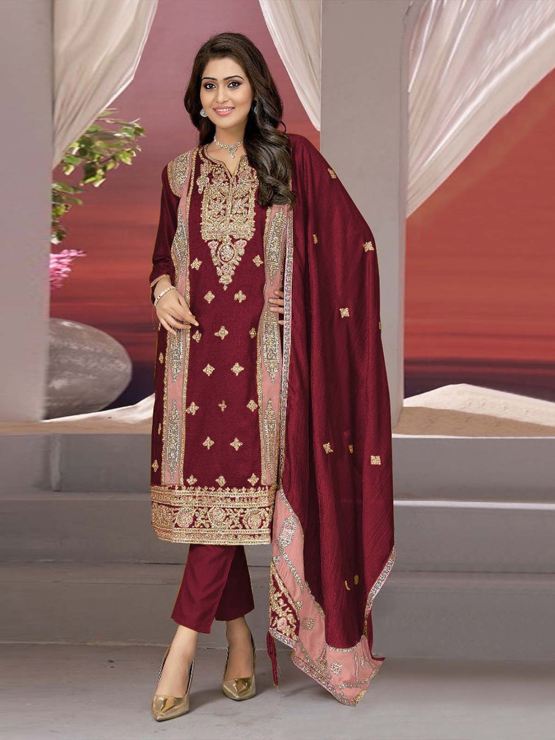 

ODETTE Embroidered Regular Zardozi Kurta with Salwar & Dupatta, Maroon
