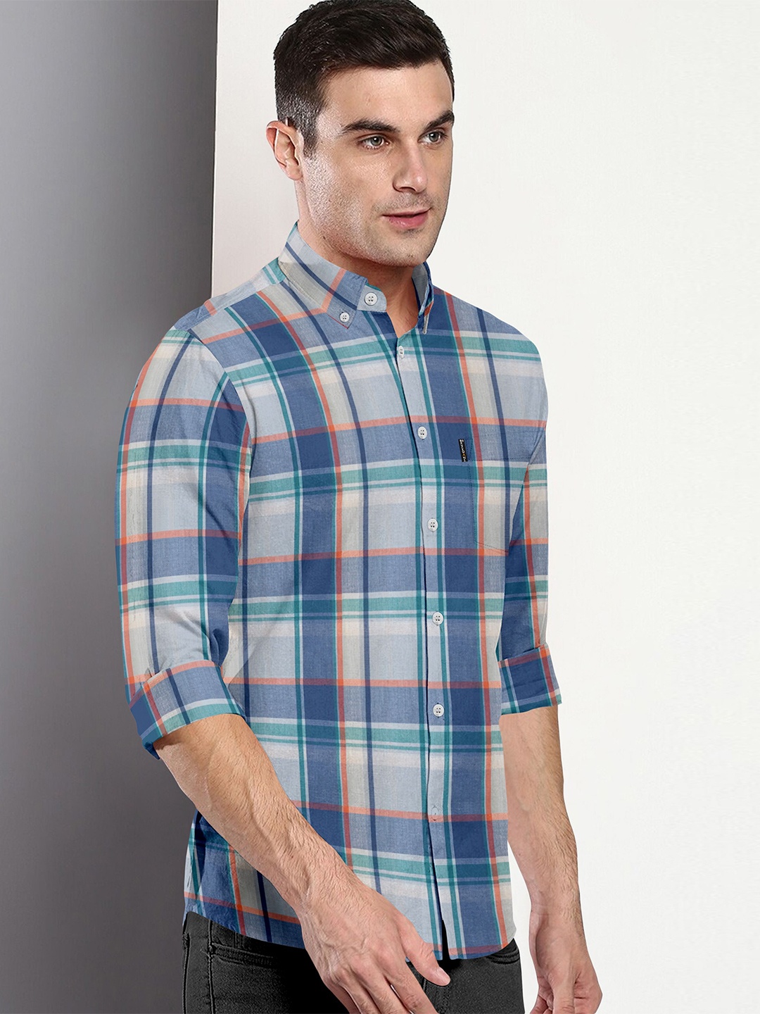 

BRUCEWANE Men Comfort Fit Button-Down Collar Tartan Checked Cotton Casual Shirt, Blue
