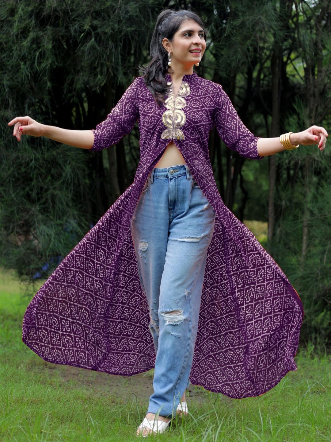

KALINI Bandhani Printed Mandarin Collar Sequins Front Slit Georgette A-Line Kurta, Purple