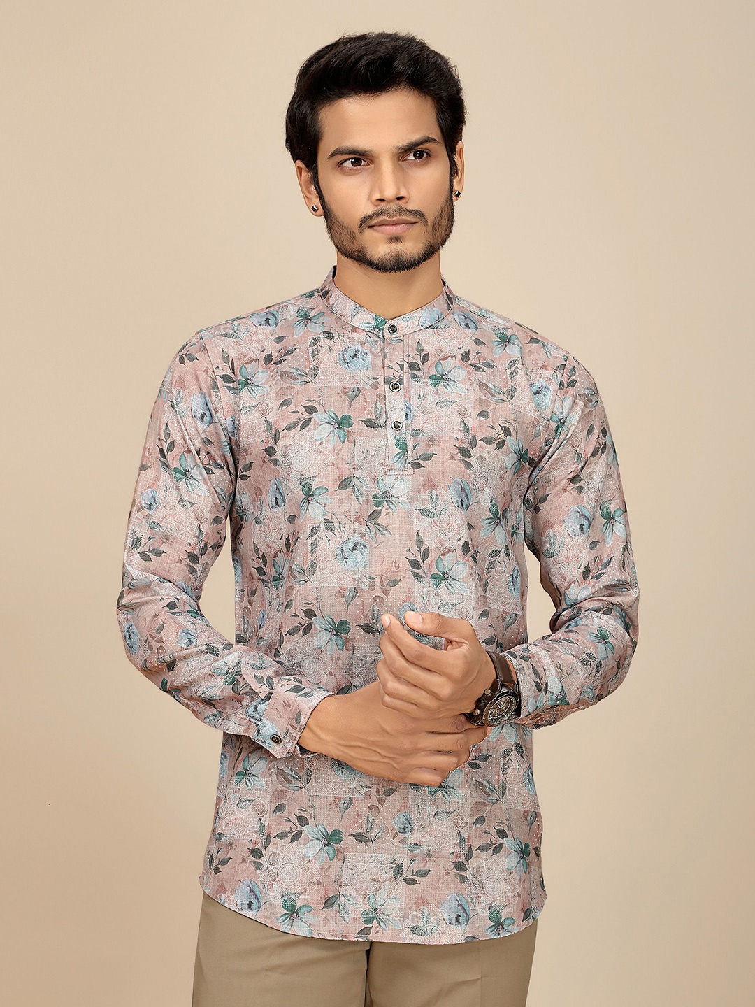 

JOSE N POSE Men Premium Tailored Fit Band Collar Floral Printed Casual Shirt, Peach