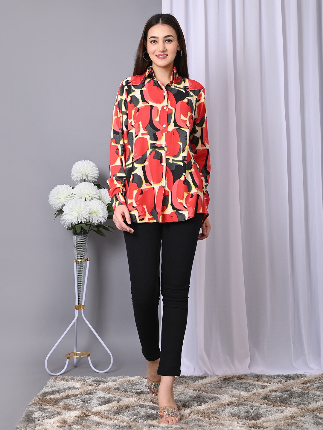 

VYMO Women Relaxed Fit Spread Collar Abstract Printed Casual Shirt, Red