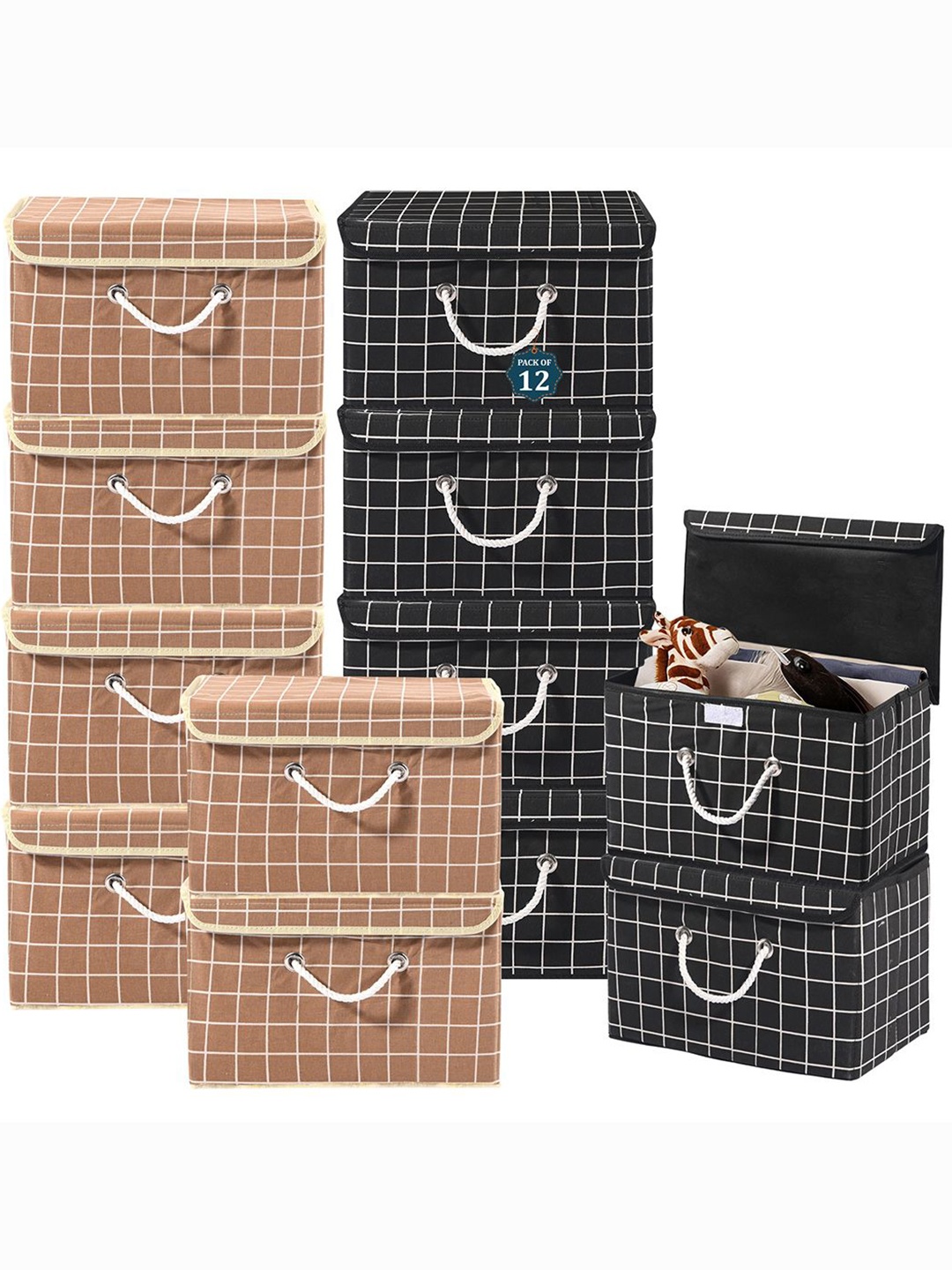 

Kuber Industries Brown Set of 12 Reusable Drawer Organiser Printed Storage Basket