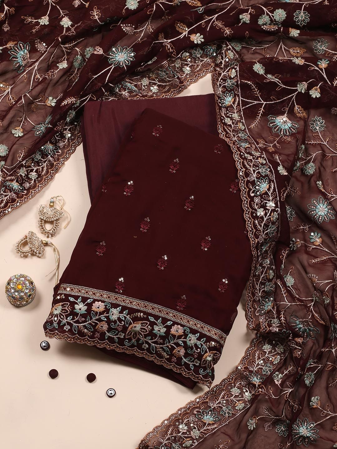 

Meena Bazaar Ethnic Motifs Embroidered Sequinned Unstitched Dress Material, Maroon