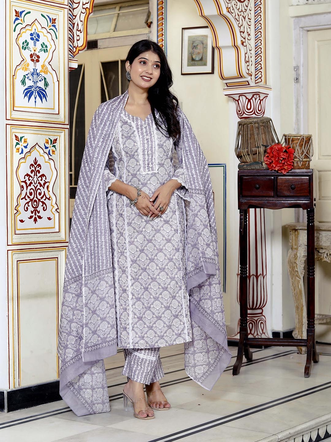 

KALINI Floral Printed Thread Work Pure Cotton Kurta with Trouser And Dupatta, Purple