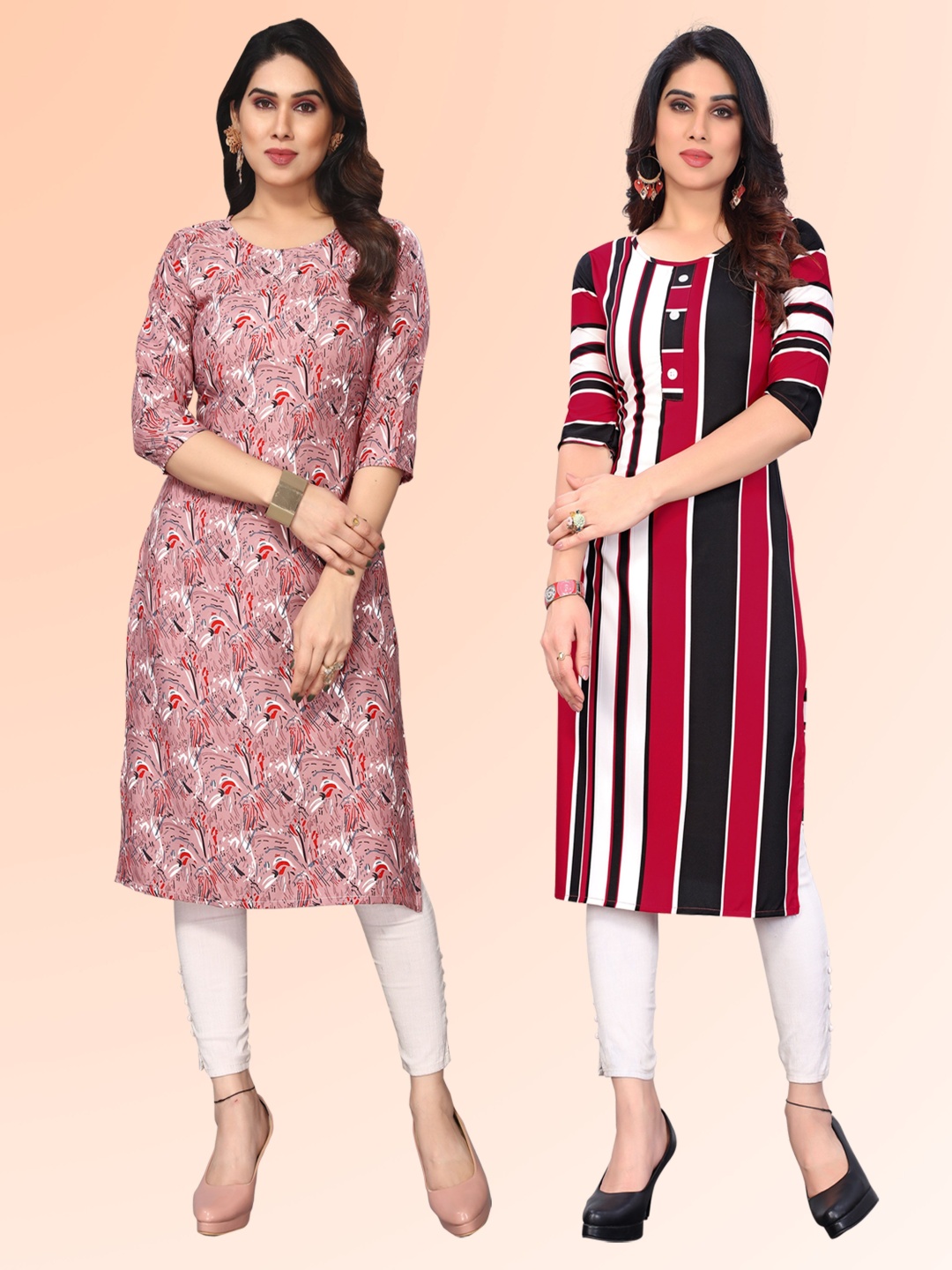 

KETAKI FASHION Selection Of 2 Striped Printed Round Neck Kurtas, Pink