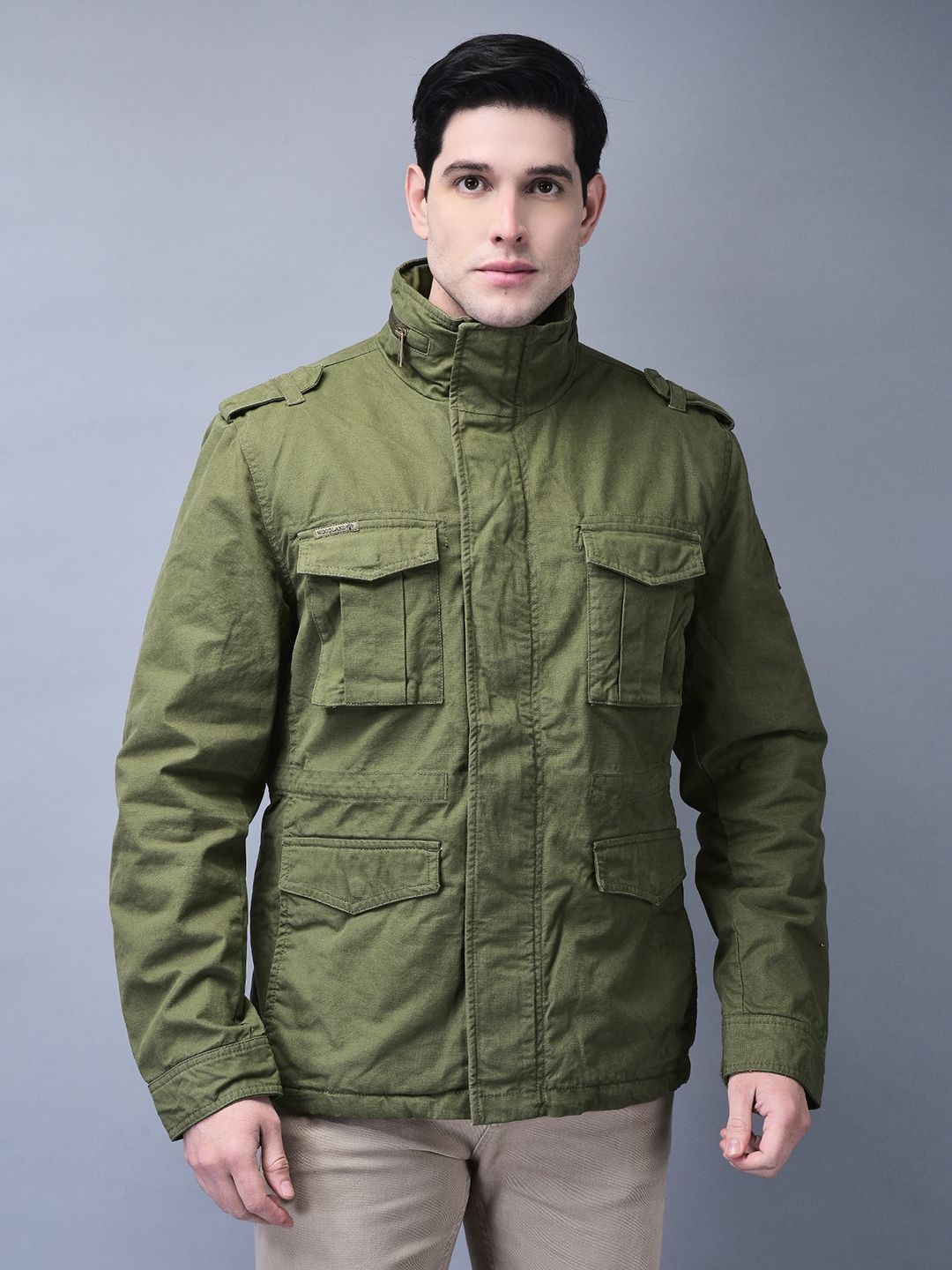 

Woodland Men Mock Collar Solid Casual Tailored Jacket, Olive