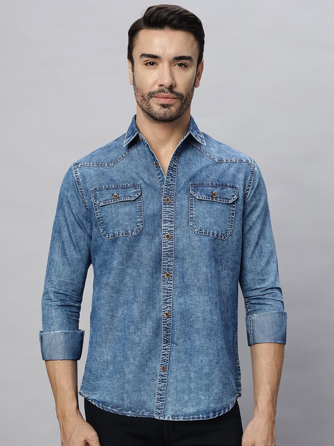 

HJ HASASI Men Relaxed Fit Spread Collar Faded Denim Casual Shirt, Blue