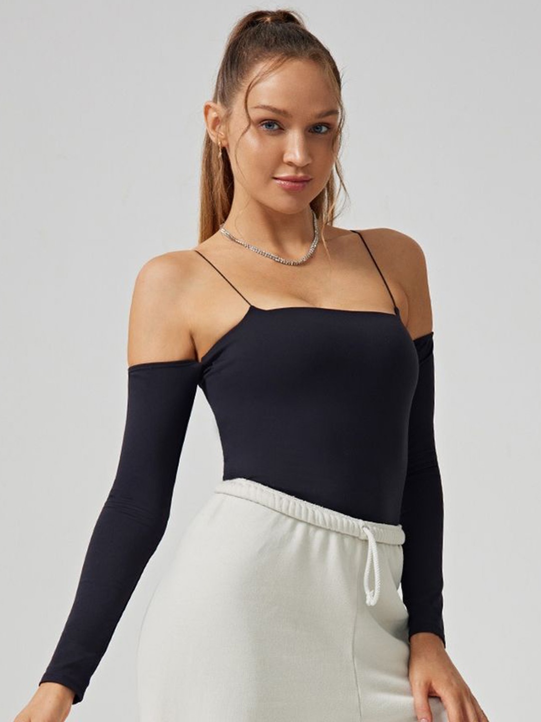 

LULU & SKY Women Cold-shoulder Bardot Top, Black