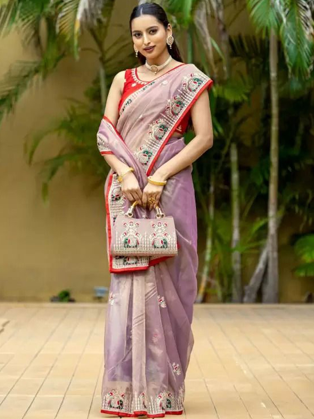 

SAADHVI Embellished Embroidered OrganzaSaree, Lavender