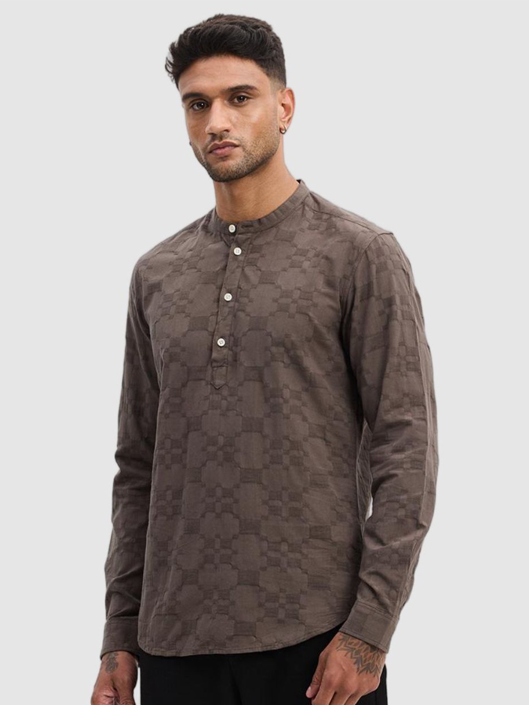 

Snitch Men Smart Fit Band Collar Textured Cotton Casual Shirt, Brown