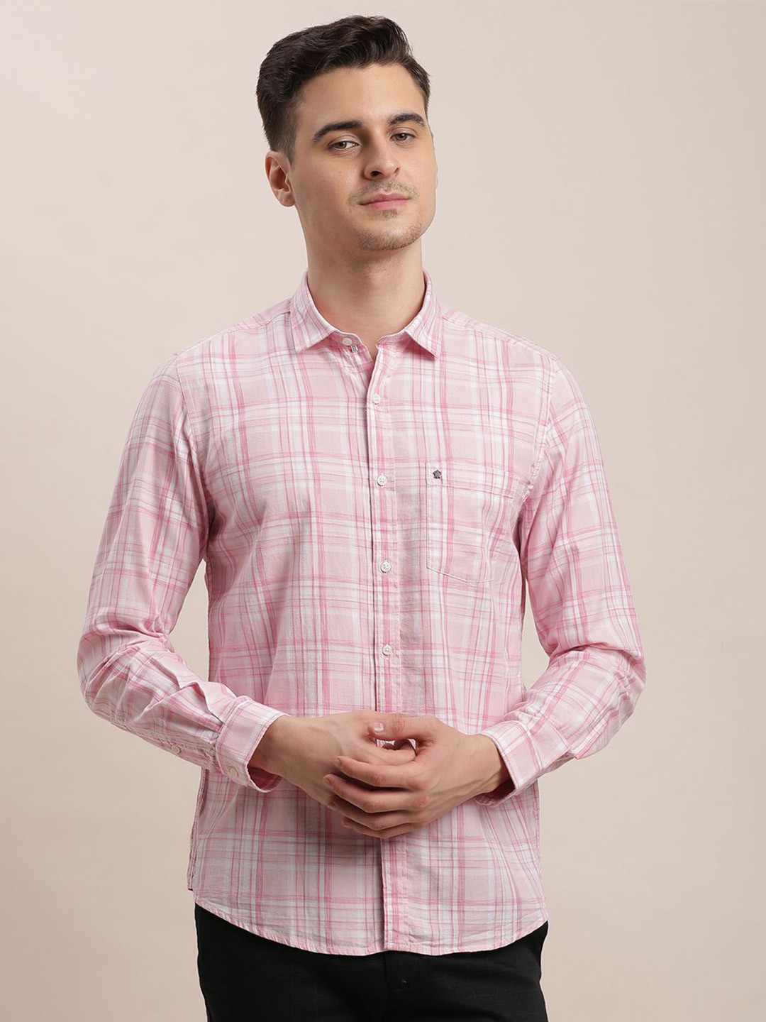 

Turtle Men Relaxed Fit Spread Collar Tartan Checked Cotton Casual Shirt, Peach
