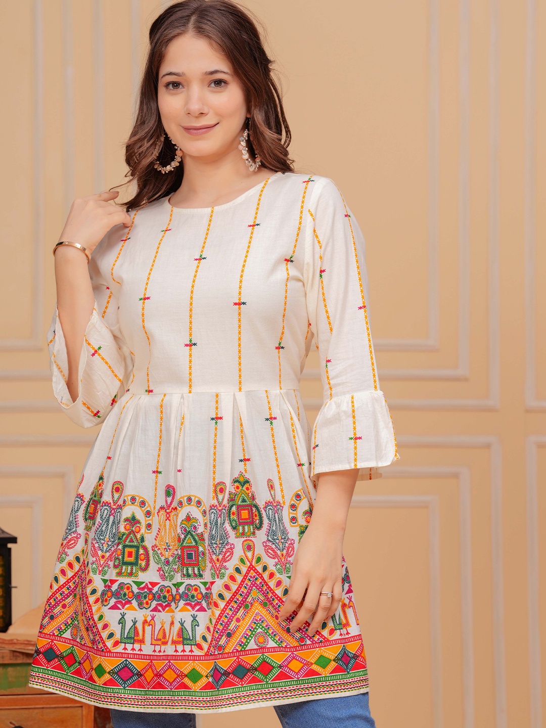 

SITA FASHION HUB Ethnic Motifs Kalamkari Printed Pure Cotton Kurti, White