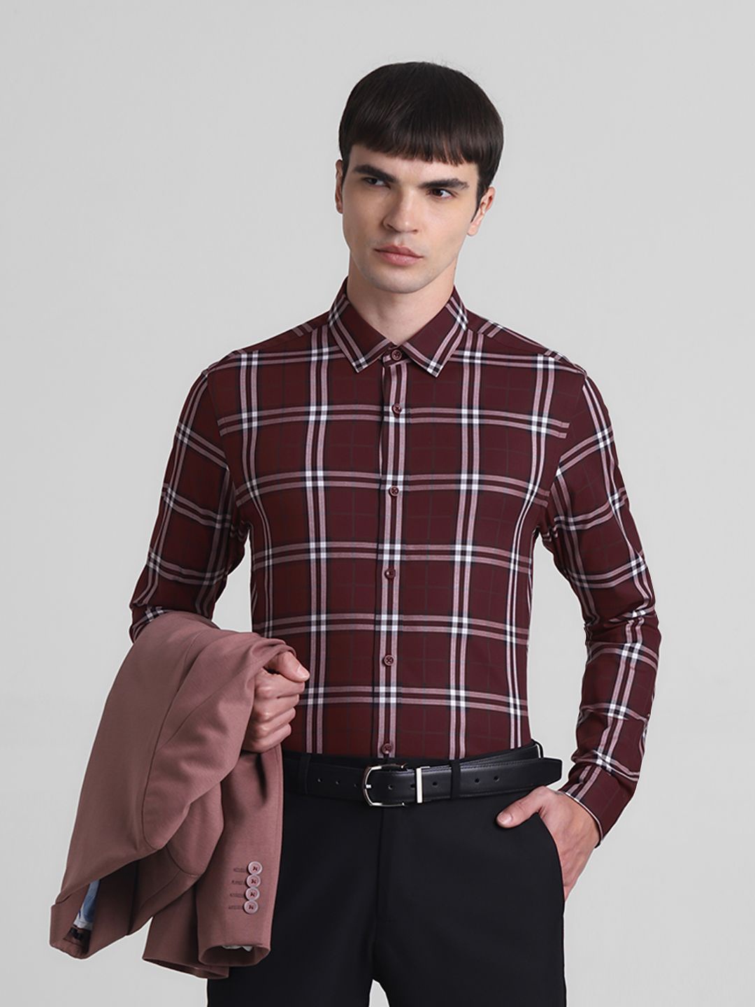 

Jack & Jones Men Slim Fit Spread Collar Tartan Checked Cotton Casual Shirt, Maroon