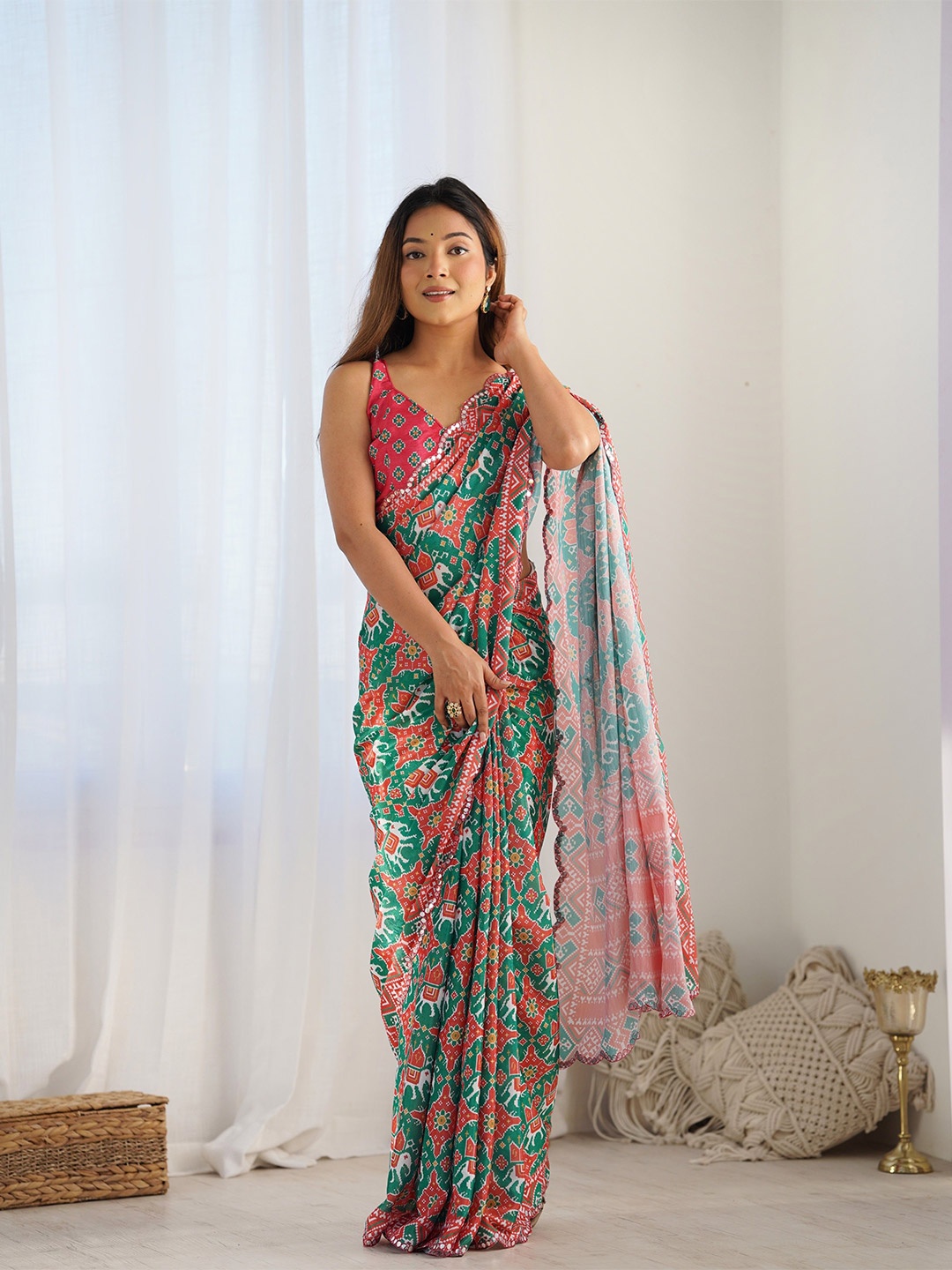 

Kalista Ethnic Motifs Printed Embroidered Mirror Work Pure Chiffon Saree, Green