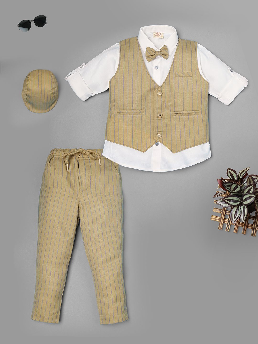 

Ridokidz Boys Striped Notched Lapel 3-Piece Cotton Party Suits, Khaki