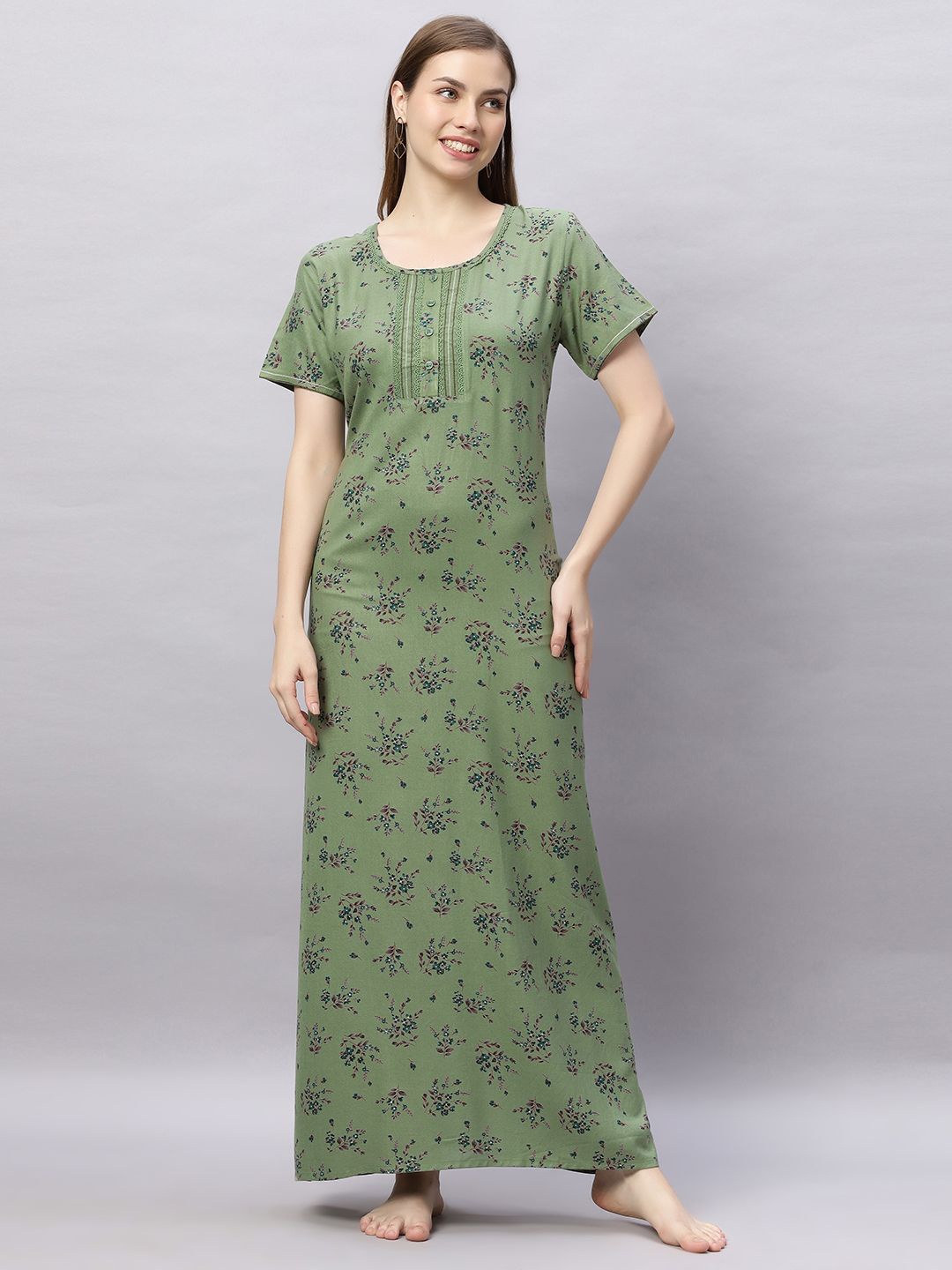 

QUIRA Women Printed Round Neck Maxi Nightdress, Green