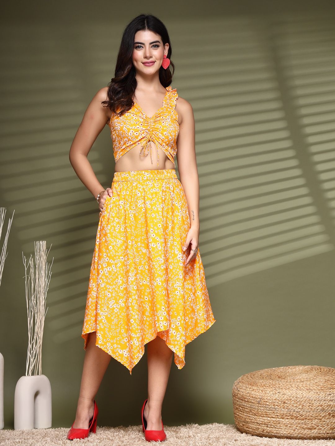 

Oomph! Crepe Top and Skirt Set for Women, Orange Co-Ords