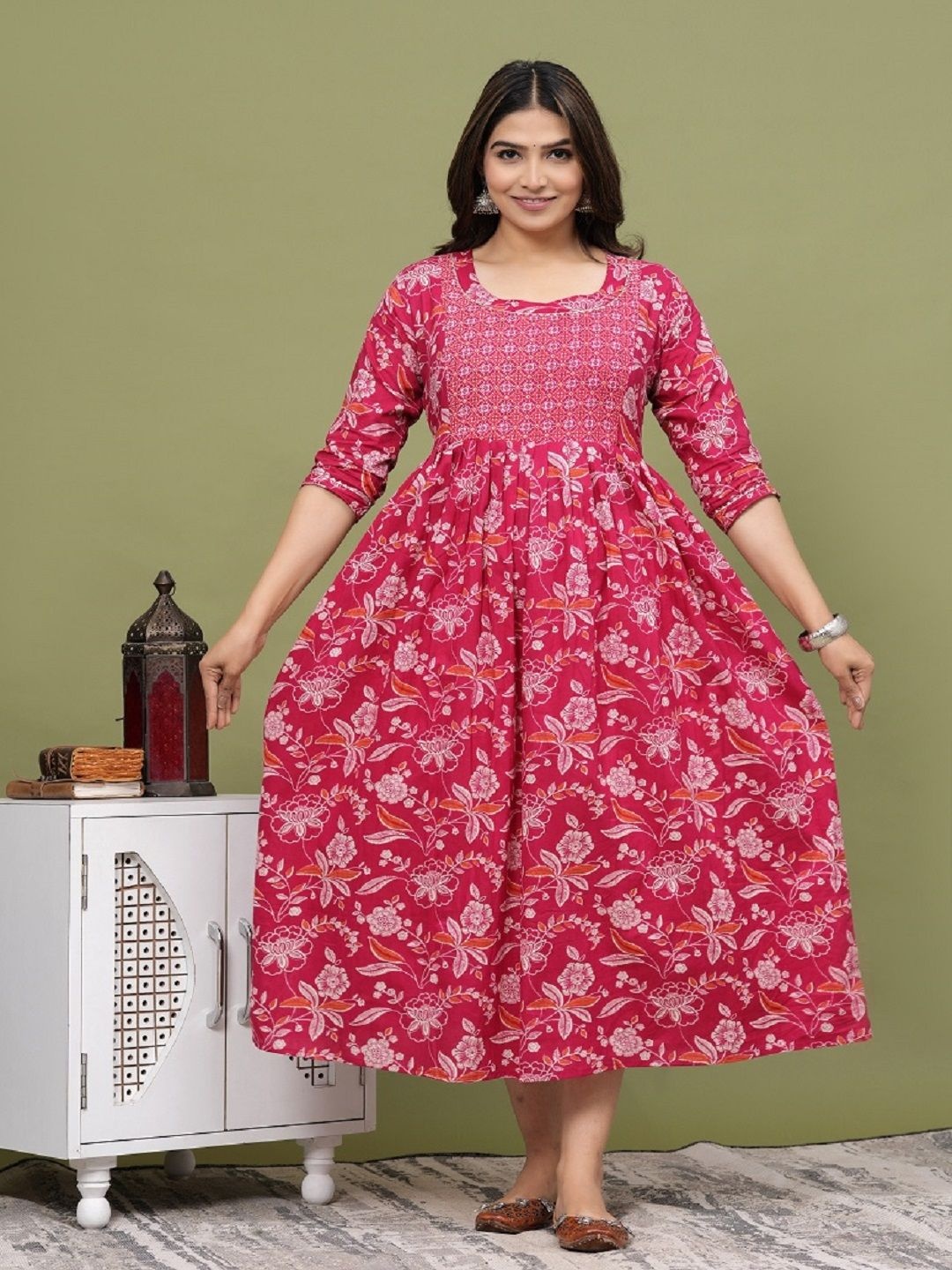 

Nevisha Style Floral Printed Round Neck Gotta Patti Maternity Cotton Anarkali Kurta, Pink